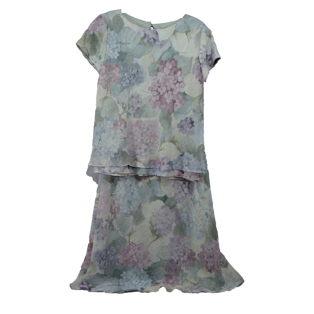 Jessica Howard Floral Top & Skirt Set Women's Sz 8 Sage Multi Hydrangea Chiffon